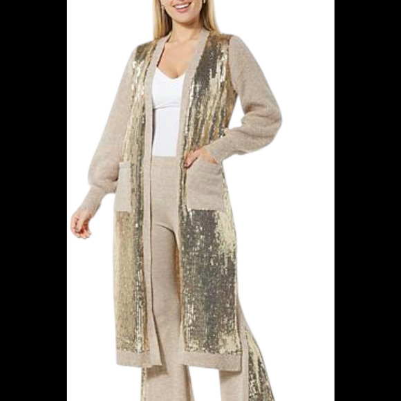 C Wonder Women's Sequin Sweater Knit Cardigan Gold Heather - Regular - Picture 1 of 1